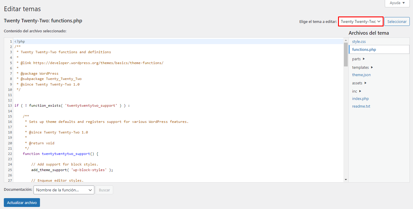Editor de archivos de temas en WordPress