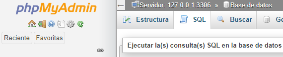 Men&uacute; SQL en phpMyAdmin