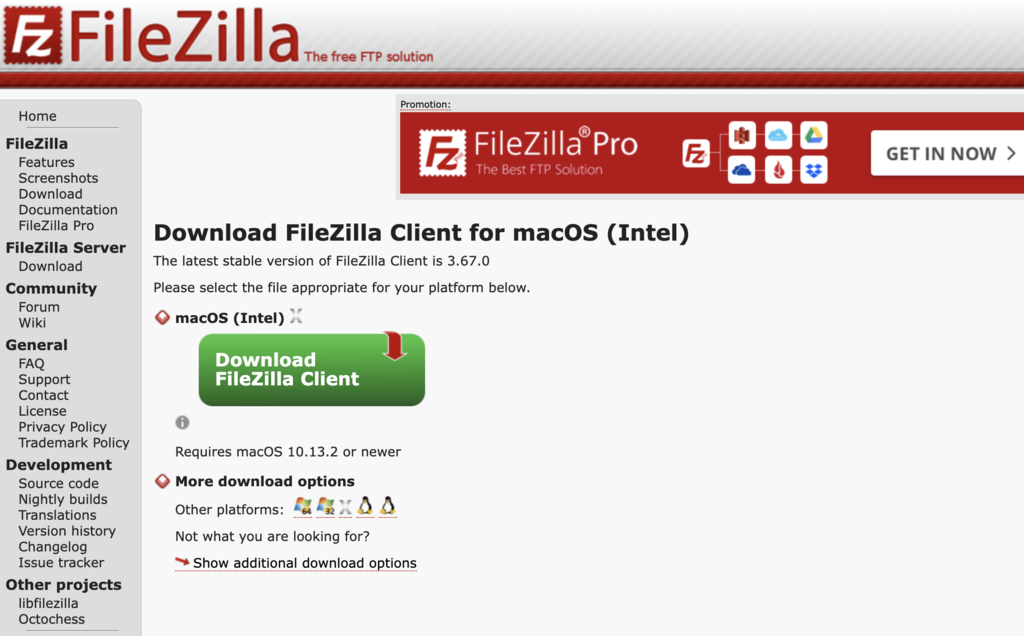 P&aacute;gina de descargas de FileZilla