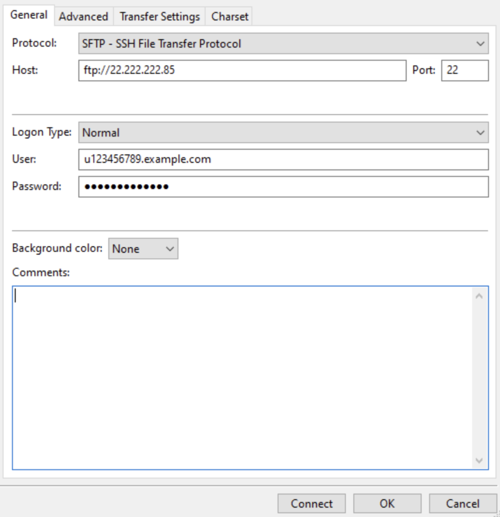 Datos de servidor en FileZilla