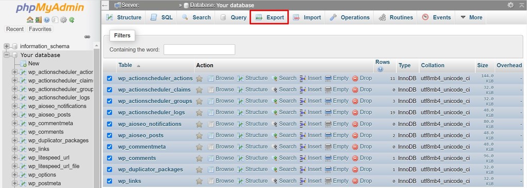 Export database via phpMyAdmin