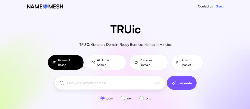 Truic business and domain name generator page with search field